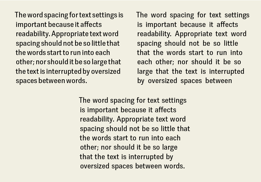Three example texts showing different word spacing