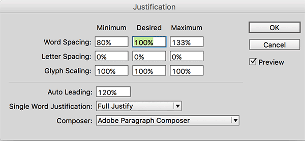 InDesign Justification Dialog Box with Desired value highlighted