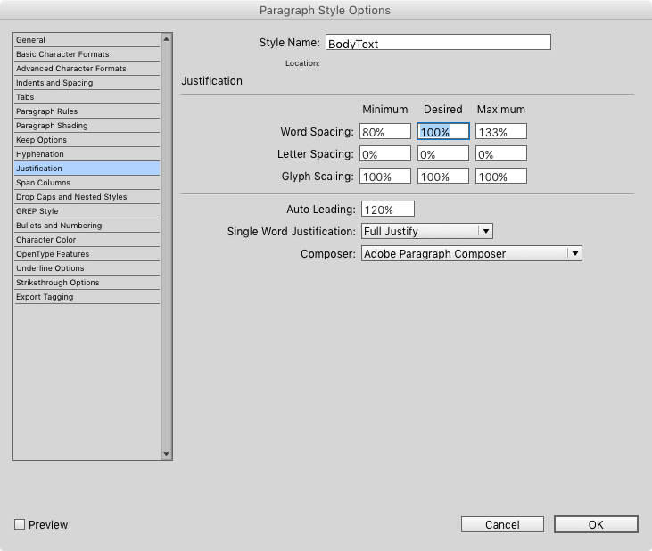 adjust word spacing in InDesign's Paragraph Style Options dialog box