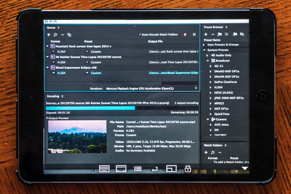 This Adobe Media Encoder render queue isn't on the iPad, It's running on a Mac in another room, which I can monitor from the iPad using the Mocha VNC Lite app.