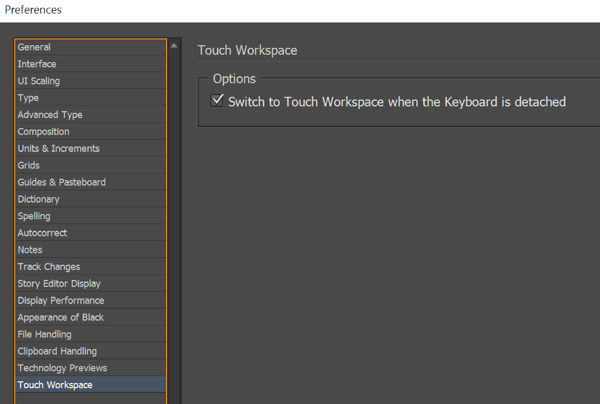 InDesign Touch Workspace preference 