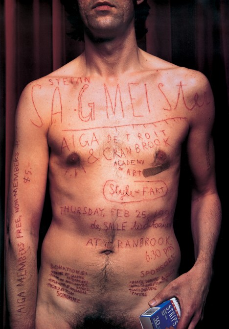 Poster with naked torso of a man etched with lettering