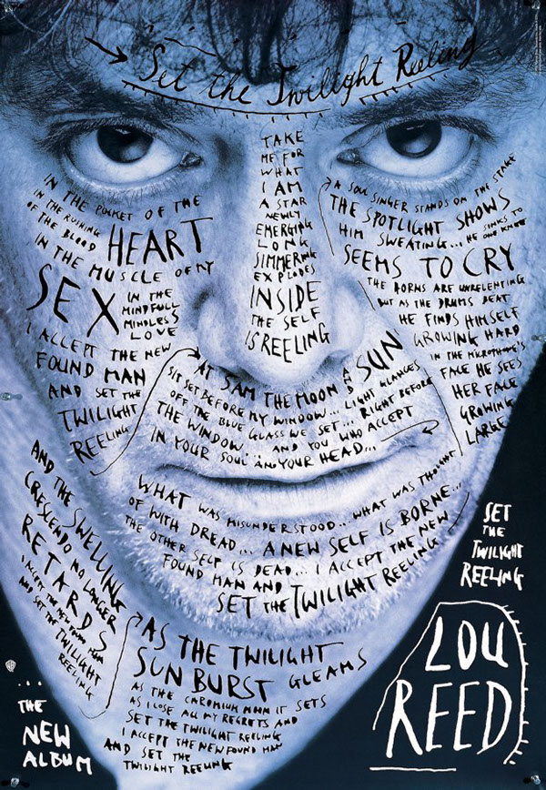 Book cover with photograph of Lou Reed's face covered in handwritten lyrics