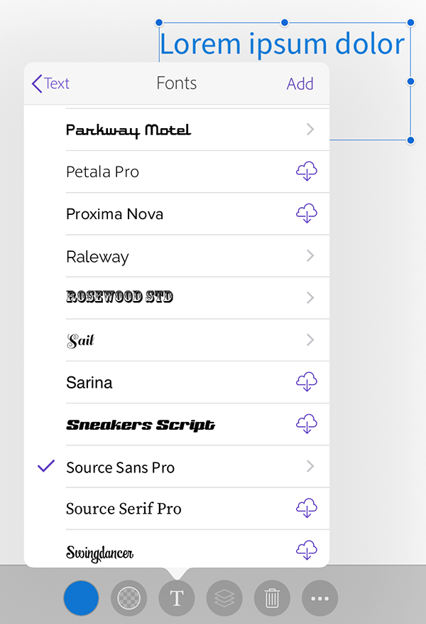 Currently synced Type Kit fonts appear here. The cloud icon indicates a synced font that hasn't been downloaded to your device, yet.