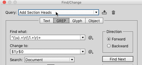 Add Section Heads GREP Query