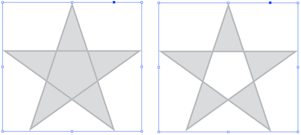 Figure 4: Even/Odd fill in InDesign: Here you see InDesign’s default “Zero Winding” fill rule on the left. Copy the path, and then Paste in Place. Select both paths (the original and the duplicate), and then apply the Add Pathfinder operation. The new compound path (right) simulates the appearance of the Even/Odd fill rule.