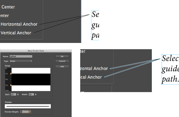 Figure 8: It’s easy—especially in printed pieces—for callout rules to get lost in background images (top). To solve this problem, create a Stripe stroke style that includes a white (or similarly high-contrast) background color (bottom).