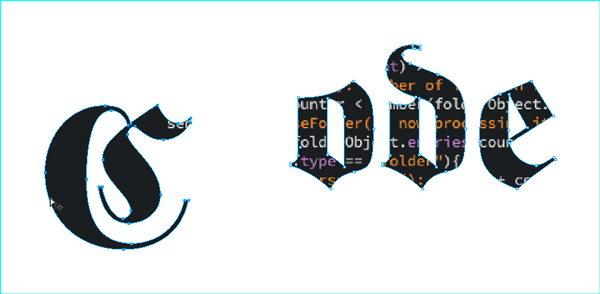 Figure 1: All of the characters in this example are part of a compound path, and a graphic has been placed inside the compound path to make it a little bit more interesting. To move a subpath within a compound path (in this example, a single character), select the Direct Selection tool, hold down Option/Alt, click the subpath, release the key, and then drag the subpath to a new location.