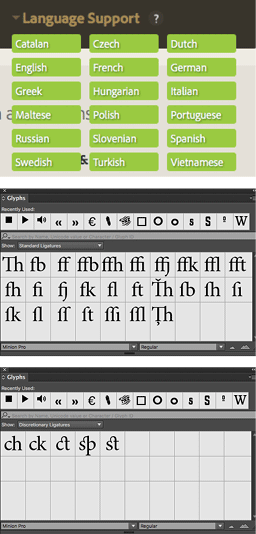 Figure 6: An example typeface with extensive language support, Minion Pro has a full range of ligatures.