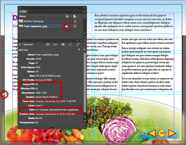 Figure 10: A cloud icon on a graphics frame tells you that the graphic is linked to a CC library, and the Links panel displays the metadata for a selected Adobe Stock image.