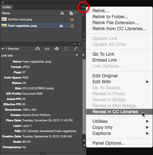 Figure 12: The Reveal in CC Libraries command shows you where a cloud-linked document item exists in your libraries.