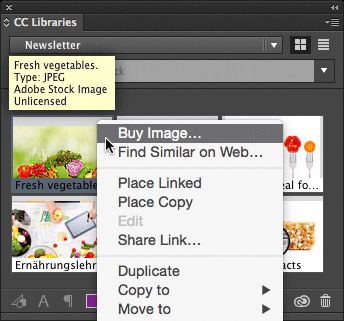Figure 13: To license an Adobe Stock image, right-click it in the CC Libraries panel, and then choose Buy Image.