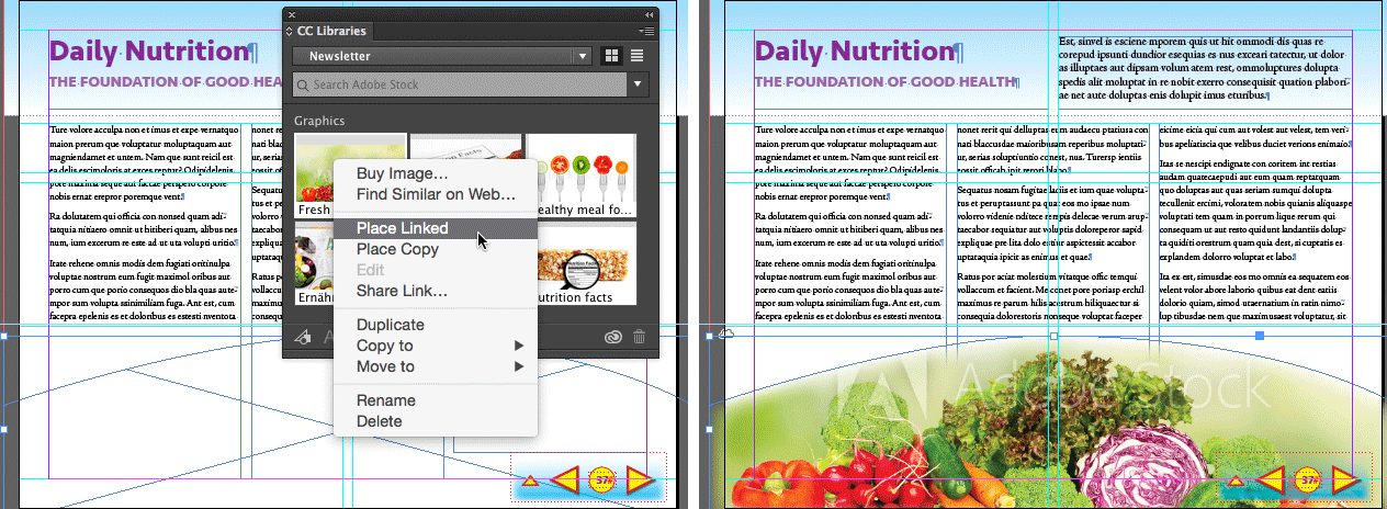 Figure 9: Right-click an Adobe Stock image (left) to place it directly into a selected frame. The frame then displays a cloud icon (right).