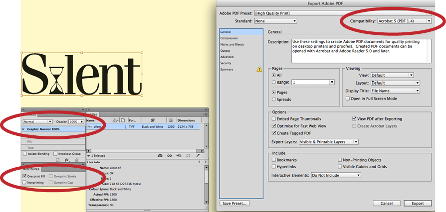 C: Overprint-only applied to the same logo and a PDF export setting that will maintain transparency.