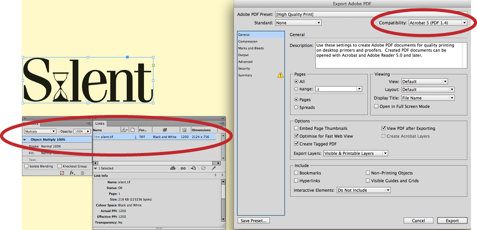 E: A multiply effect applied to a line art logo and a PDF export setting that will maintain the transparency.