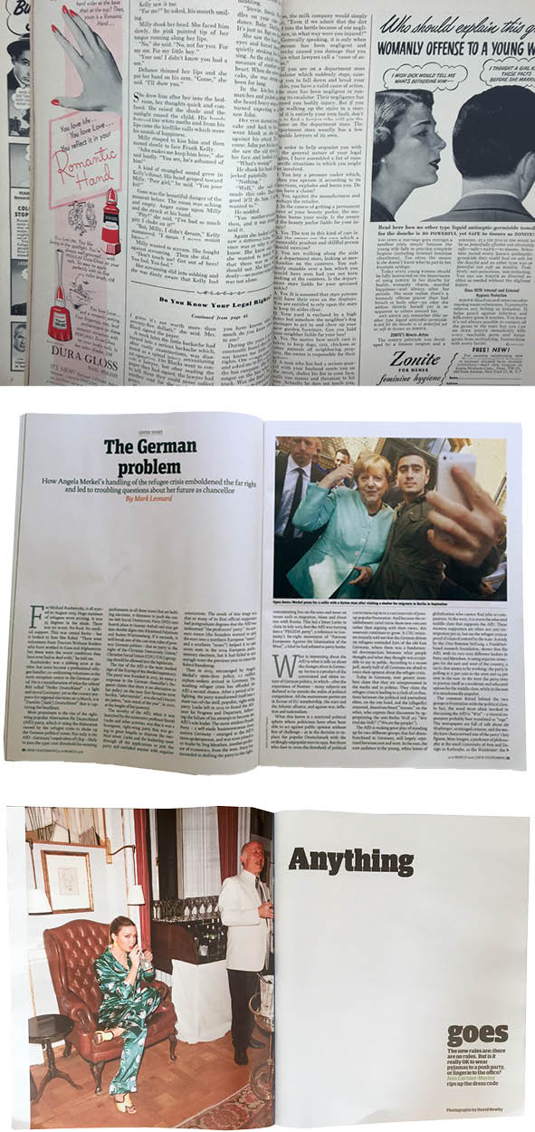 Figure 7: Changing expectations: From top to bottom, a 1950s women’s magazine with minimal white space; a contemporary current affairs magazine with generous but conventional white space to open the article; and a contemporary “lifestyle” magazine with a daring use of white space.