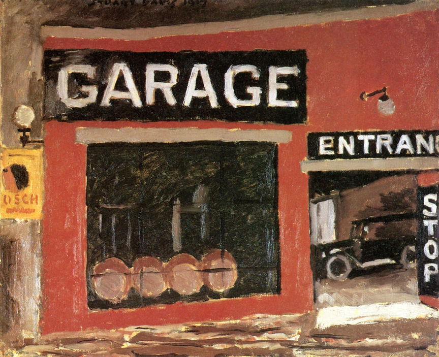 Garage, 1917, oil on canvas, approx. 19 x 23 in. This early painting clearly shows Davis’ interested in letterforms, and how they integrate into the landscape of the world around him.