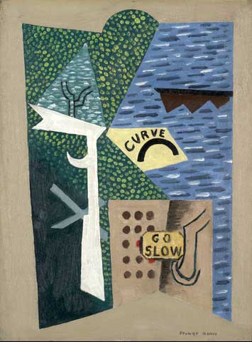 Curve – Go Slow, 1922, gouache on artist board, 16 x 12 in. Here Davis combines shapes, textures, lettering and color to create a shoreline scene.