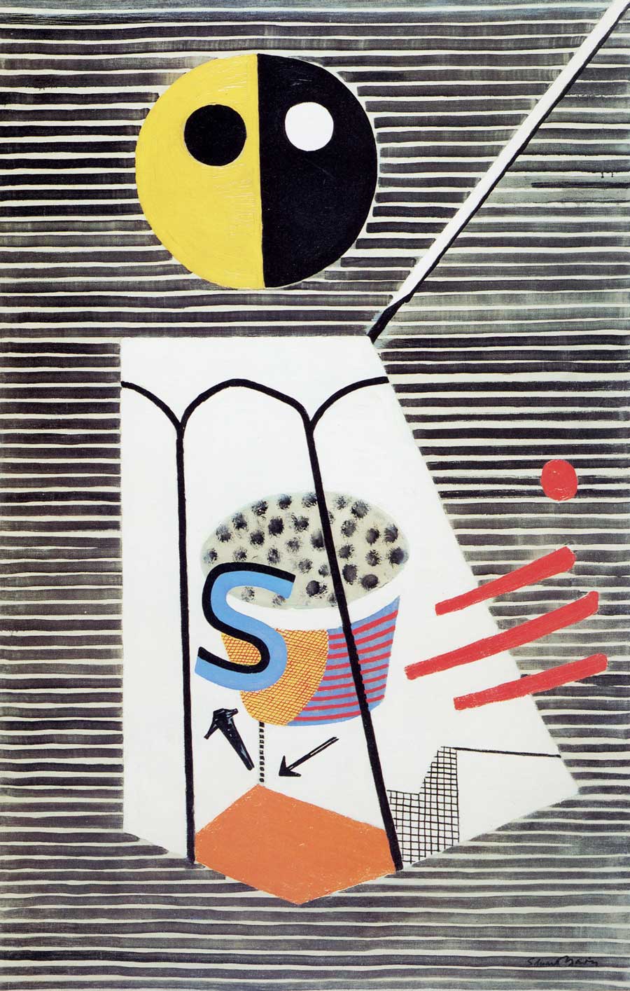 Salt Shaker, 1931, oil on canvas, approx. 50 x 32 in. Davis’ interpretation of an actual salt shaker from a Paris café, including a prominently-placed, broad stroked letter S