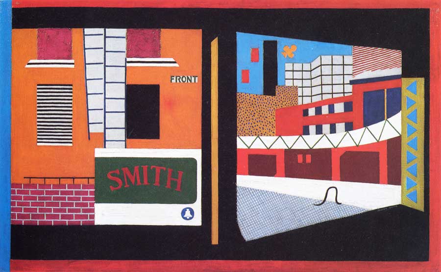 House and Street, 1931, oil on canvas, approx. 26 x 42 in. This work is suggestive of the view from two subway car windows, including two words that contribute to the numerous textures that make up this painting