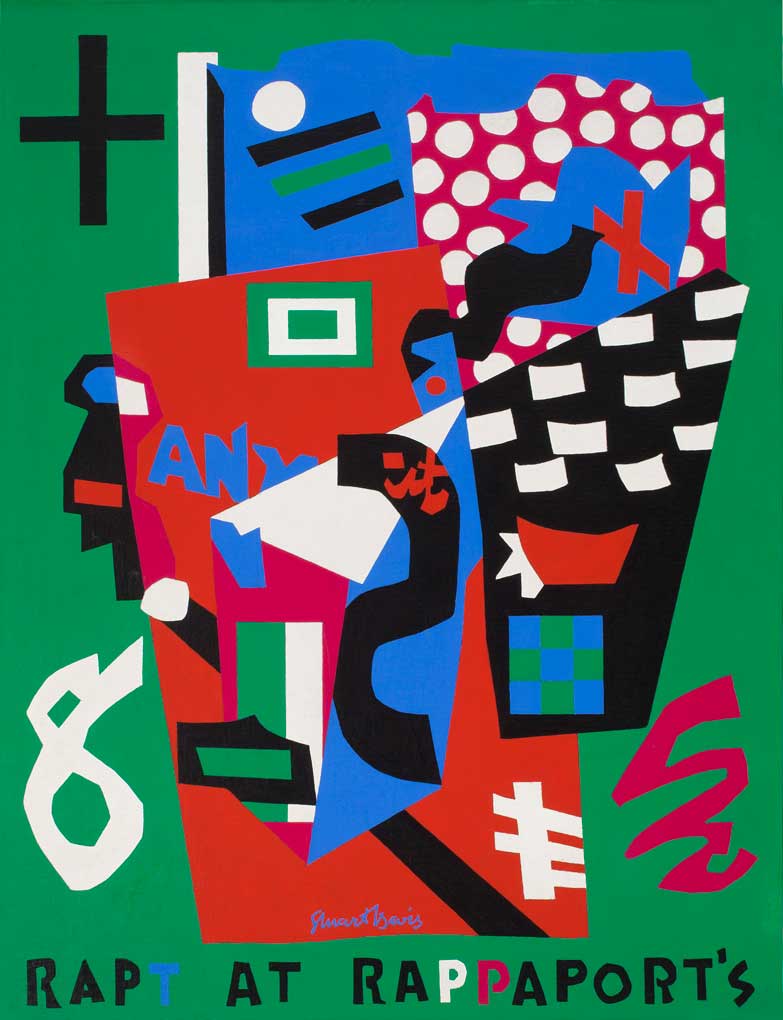 Rapt at Rappaport’s, 1952, oil on canvas, 52 x 40 in. Davis’ style shifts to a more limited palette in this, and future works. Type is used to express both literal and figurative meanings in this painting.