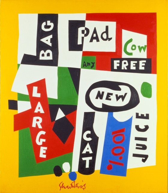 Premiere, 1957, oil on canvas, 58 x 50 in. In 1956, Fortune magazine asked Davis to create artwork from products found in a supermarket. He represented them with words, not products in this painting of mostly primary colors.