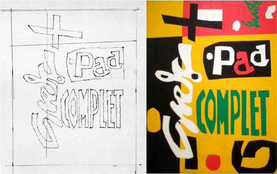 Standard Brand, oil on canvas, 1961, 60 x 46 in. Once again, both readable letterforms as well as symbols and script-like shapes are the primary elements in this painting (and its sketch). Davis’ signature is almost unrecognizable, yet an important element in this composition, as it bleeds off the canvas on a 90 degree angle.