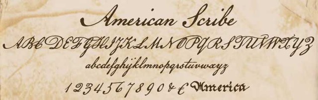 Brown text written in American Scribe font on parchment background