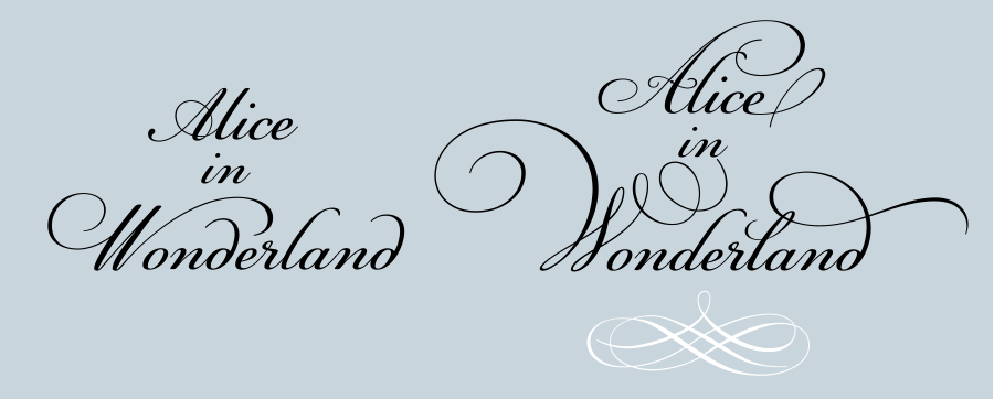 PF Champion Script has hundreds of swash characters and flourishes, so designing with them requires lots of trial and error to get just the right look.