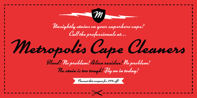 Advertisement for Metropolis Cape Cleaners written in Kinescope font on red background