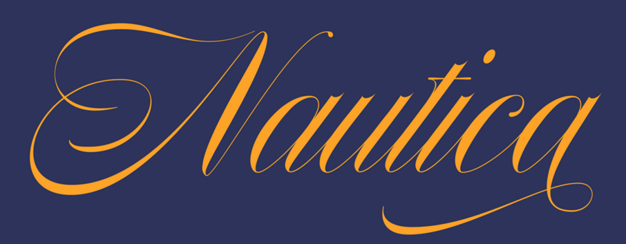 Gold text written in Nautica font on blue background