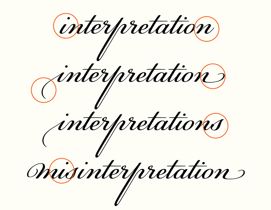 Glyph substitution is built into PF Champion Script, making the insertion of the correct swash happen automatically as you type, as long as you have Contextual Alternates turned on (as it was below the top setting). Swashes will appear at the beginning and ending of the word, and will adjust as you add or delete characters to the beginning and end of the setting. Note the swash characters in this font are identified as Stylistic or Contextual Alternates, not swashes.