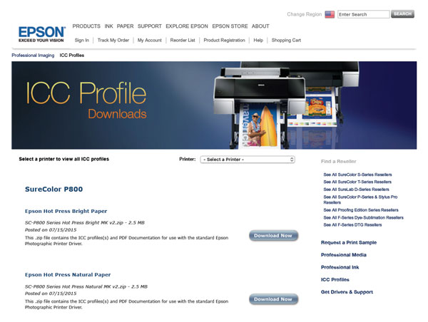 Figure 3: Epson offers a large number of color profiles to download and use with their inkjet printers and various papers.