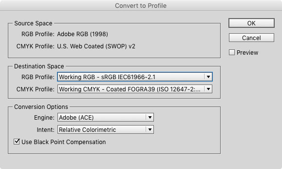 Figure 5: Convert to Profile is a great way to see what the current document’s RGB and CMYK profiles are set to, but just click Cancel when you’re done.