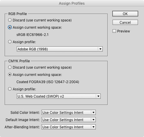 Figure 6: Assign Profiles lets you change the current document’s RGB and CMYK profiles—literally changing how InDesign understands what those colors look like.
