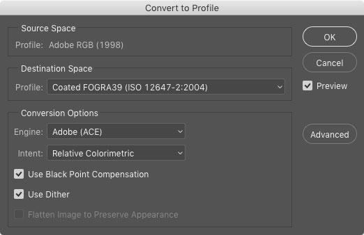 Figure 8: Using Convert to Profile in Photoshop to make an intelligent conversion from RGB to CMYK.