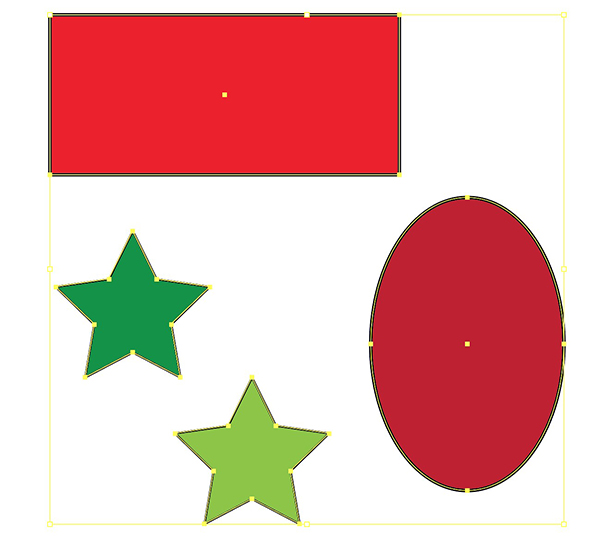 Illustrator document with a red rectangle, red oval, and two green stars selected