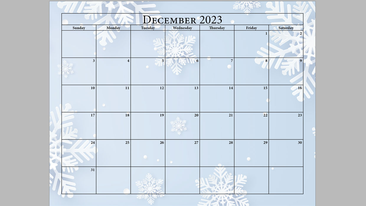 example of a calendar page made in Adobe InDesign with the Calendar Wizard script by Scott Selberg