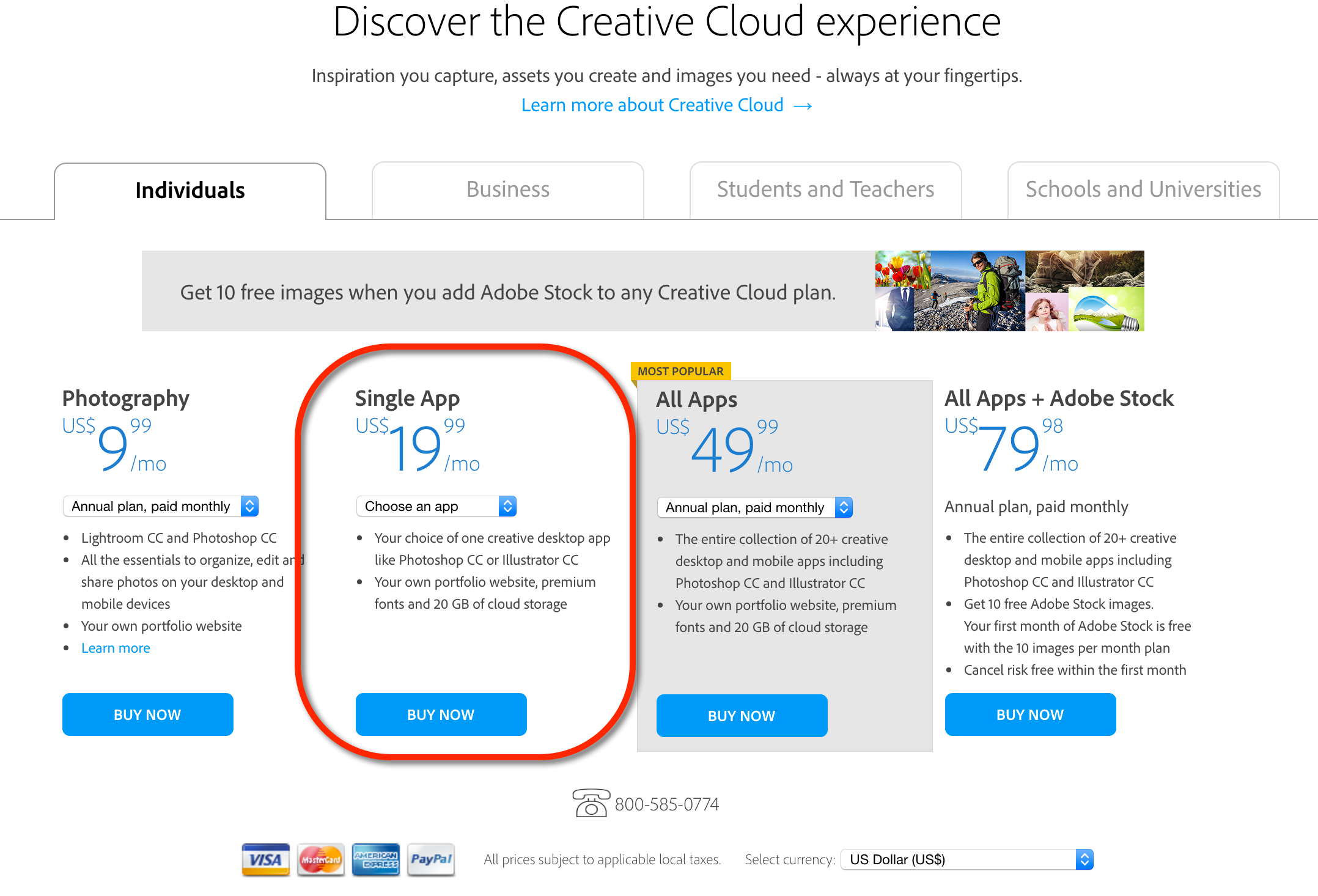 creative cloud single app subscription fee