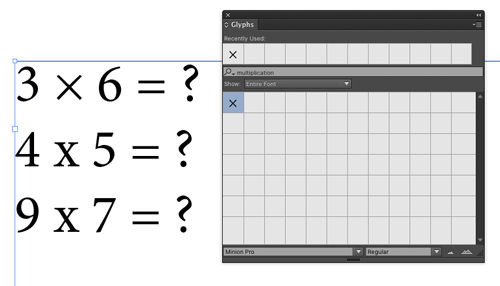 indesign glyphs panel search