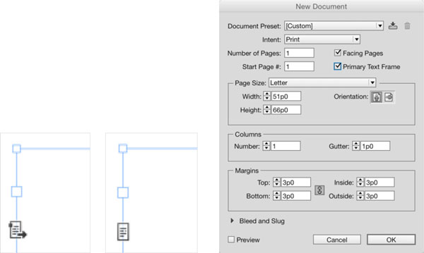 Figure 3: When you’re on a master page, you can tell if a text frame is a primary text frame or not by looking at the page icon under the In Port box, upper left on the frame. If the page icon has an arrow coming out of it (below left), that’s a primary text frame. Otherwise, a master text frame just looks like a page icon (below right). When you create a new document, you can choose to have InDesign add primary text frames by turning on the checkbox (image right). To convert a regular text frame on a master page into a primary text frame (or vice versa), click its page icon with the Selection tool.