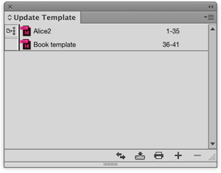 Figure 6: Use InDesign’s Book feature to quickly update a template with all the edits you’ve made to the styles and master pages in a publication that was based on that template. In the image above, I created an InDesign Book file, “Update Template,” and added two files: an actual book publication called “Alice 2,” and the template I based it on, “Book template.” Since I made changes to the Alice2.indd file’s styles that I like better than the template’s, I set it as the Style Source (the icon to the left of Alice2, above). Now when I Synchronize, the Book template file will get updated to match. When I’m done, I can delete the “Update Template” InDesign book file. 