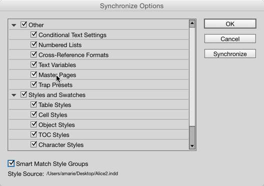 Figure 7: Be sure to turn on the Master Pages attribute in the Synchronize Options dialog box (from the Book panel menu) if you want to update the template’s master pages with any edits or additions you made to the publication’s master pages.