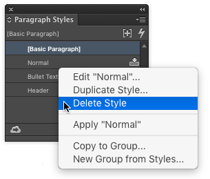 InDesign right click delete unused style