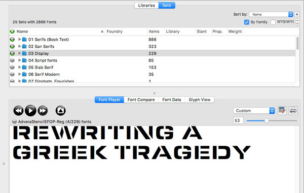 Figure 13: FontAgent Pro’s Font Player is a handy feature for quickly previewing a large number of fonts. Click the button on the right to add a font to a Font Player set that can be saved and reviewed later.