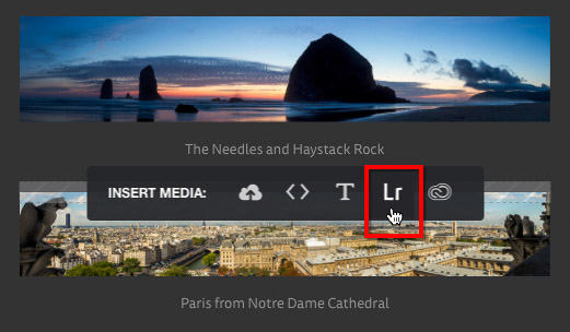 I’m about to choose a photo from Lightroom Mobile that will be inserted between the two photos already on the page.