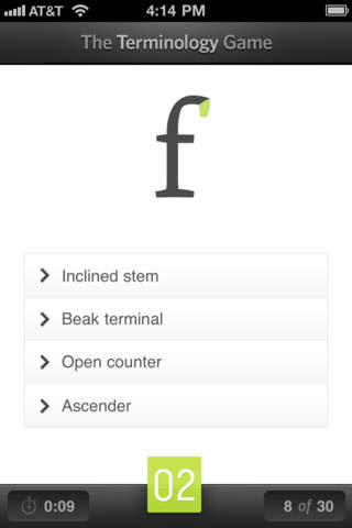 Figure 5: The mobile version of the Rather Difficult Font Game tests your knowledge of typefaces as well as type terminology.