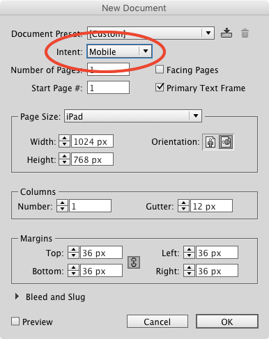 indesign new document mobile intent