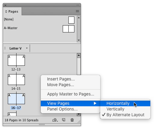 indesign view pages horizontally command