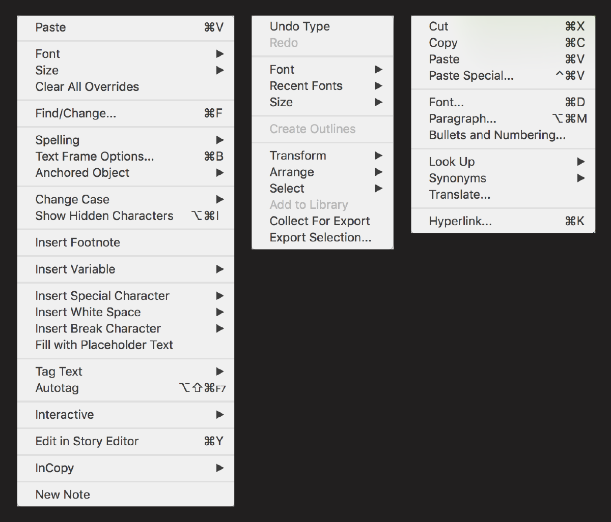 The InDesign and Illustrator right-click actions for setting type are shown on the left and center, while the menu on the right is from Word.